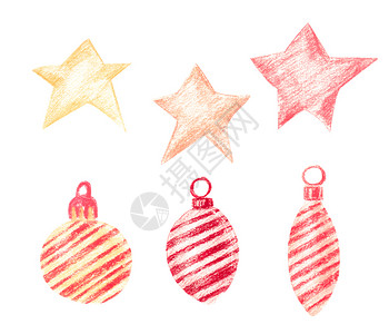星星和圣诞球画庆祝快乐的一套恒星和圣诞装饰品合在一起用红色丝带包装纸的节日箱有红色黄和橙圣诞球以及带有对角条纹的冰柱新年花旗概念一套星和圣诞设计图片