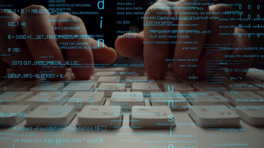 爪哇倒钩计算机编程码和软件开发的创意视觉由在计算机键盘上工作的人展示计算机图形覆盖显示抽象程序代码和计算机脚本编程码和软件开发的创意视觉设计图片