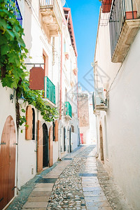 佩斯基奇意大利美丽的村庄里狭窄街道有楼梯白房子和鲜花的色小街岛上狭窄的道有蓝色阳台楼梯和鲜花游客传统的建造背景