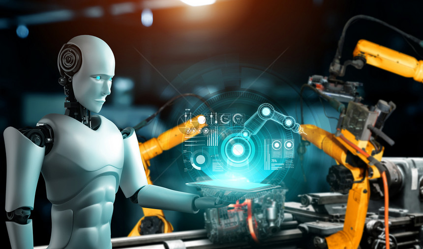 用于工厂生产装配的机械化工业器人和械臂工业革命和自动化制造过程的人工智能概念用于工厂生产装配的机械化工业器人和械臂聪明的增强型人图片