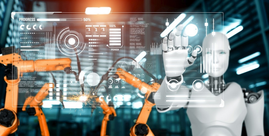 用于工厂生产装配的机械化工业器人和械臂工业革命和自动化制造过程的人工智能概念用于工厂生产装配的机械化工业器人和械臂男增强型为了图片