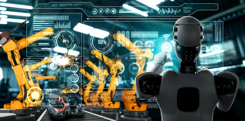 工程人类用于厂生产装配的机械化工业器人和械臂工业革命和自动化制造过程的人工智能概念用于工厂生产装配的机械化工业器人和械臂未来派图片