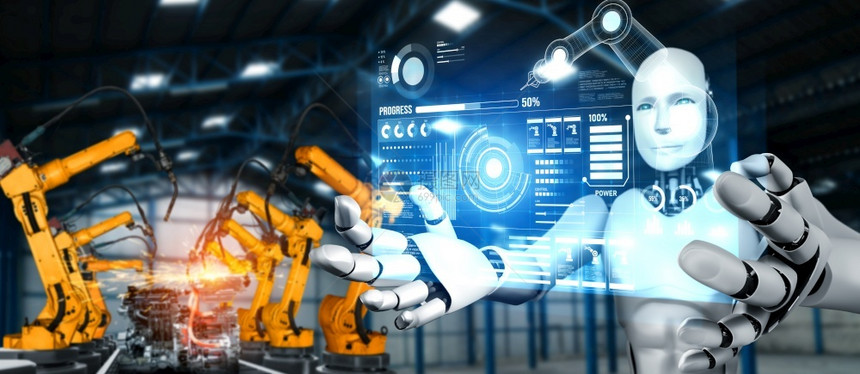 行业软件用于工厂生产装配的机械化工业器人和械臂工业革命和自动化制造过程的人工智能概念用于工厂生产装配的机械化工业器人和械臂半人图片