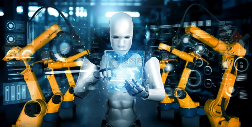 用于工厂生产装配的机械化工业器人和械臂工业革命和自动化制造过程的人工智能概念用于工厂生产装配的机械化工业器人和械臂电脑创新智力图片