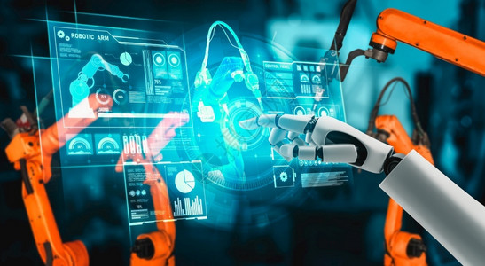 工业的数字创新用于工厂生产装配的机械化工业器人和械臂工业革命和自动化制造过程的人工智能概念用于工厂生产装配的机械化工业器人和械臂背景图片