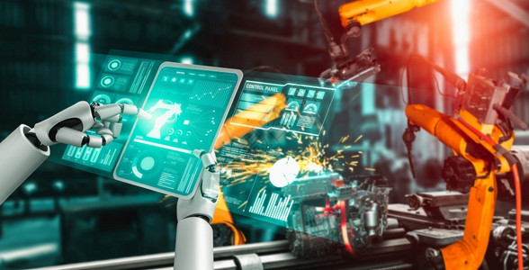 手机臂带实验室增强型电脑用于工厂生产装配的机械化工业器人和械臂工业革命和自动化制造过程的人工智能概念用于工厂生产装配的机械化工业器人和械设计图片