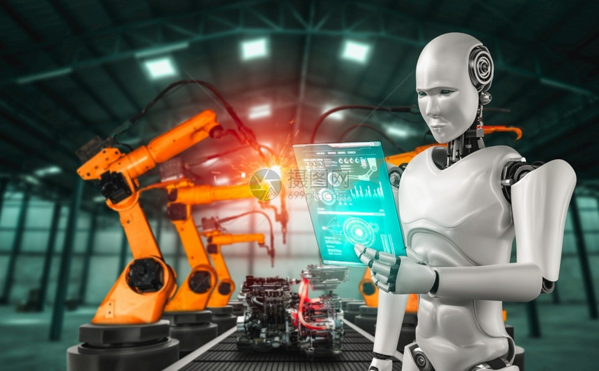 oopicapi人类用于工厂生产装配的机械化工业器人和械臂工业革命和自动化制造过程的人工智能概念用于工厂生产装配的机械化工业器人图片