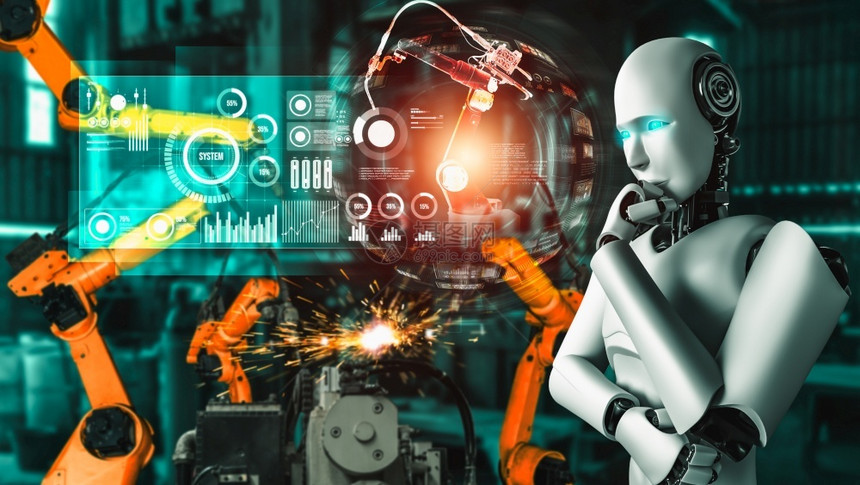 未来派手科学用于工厂生产装配的机械化工业器人和械臂工业革命和自动化制造过程的人工智能概念用于工厂生产装配的机械化工业器人和械臂图片
