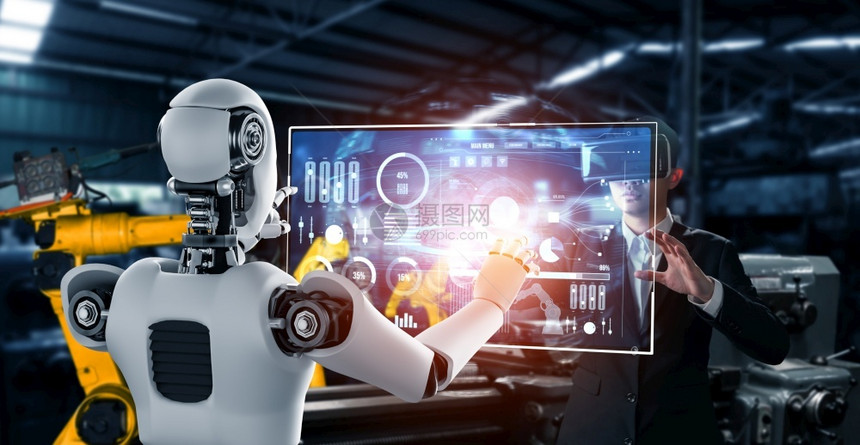 oopicapi软件转型机械化工业器人与类工在未来厂中协同作业革命和自动化制造过程的人工智能概念机械化工业器人和类工在未来厂中协图片