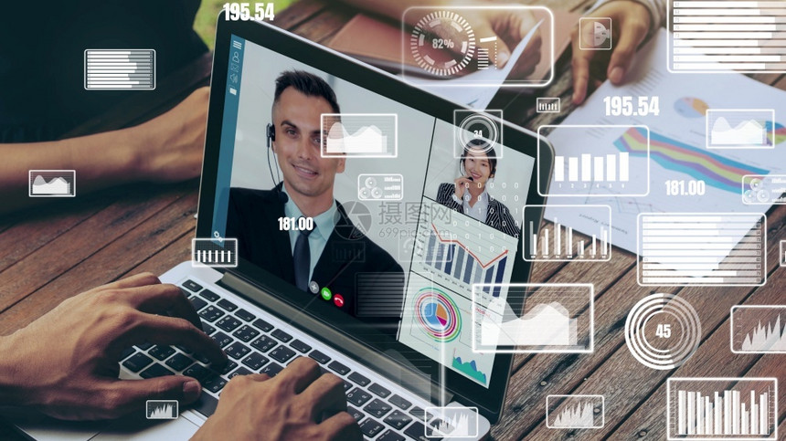 企业员工视频电话会议中商务人士的创意视觉营销数据分析和投资决策制定的数字技术概念企业员工视频电话会议中商务人士的创意视觉艾金融的图片