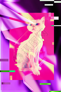 曼查德廷塔当代艺术拼贴画概念孟菲斯风格的曼招贴画抽象最小化和闪烁效果粉红猫雷特罗波合成同步蒸汽肖像有趣的猫孟菲斯风格海报概念超现实主义流行设计图片