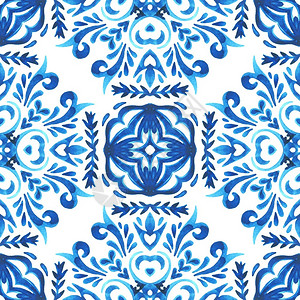 阿娇壁纸塔拉韦手画的蓝色和白瓷砖无缝装饰水彩漆的葡萄牙陶瓷砖启发了Azulejo瓷砖中度地拉尼人文精美手工抽水彩色瓷砖为织物和壁纸绘制的背景