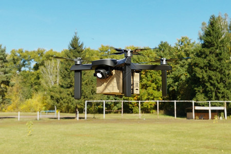 古巴比伦空中花园交货纸板在农舍中交付飞行无人机商业技术运输和农概念在线购物和客户房屋服务3D插图渲染物流设计图片