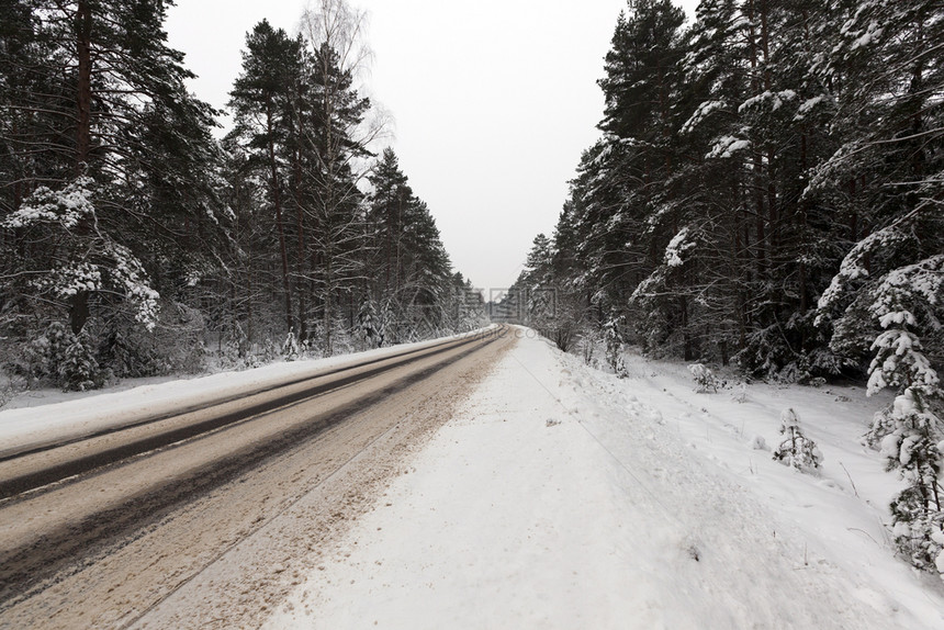 云冬季雪覆盖的积道路近距离照片拍摄在雪下的道路户外树图片