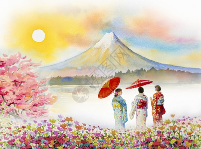 河口湖和富士山阳光日本富士山旅行亚裔妇女佩戴日本传统和服的著名地标有雨伞水彩画插图以太阳天空为背景广受欢迎的旅游景点传统的樱花插画