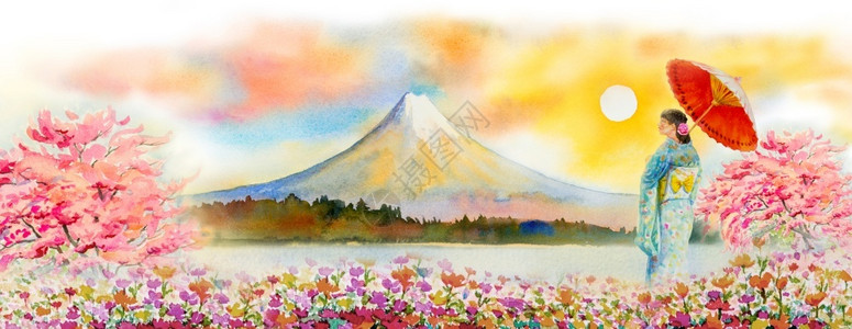 河口湖和富士山商业艺术日本富士山旅行亚裔妇女佩戴日本传统和服的著名地标有雨伞水彩画插图以太阳天空为背景广受欢迎的旅游景点客插画