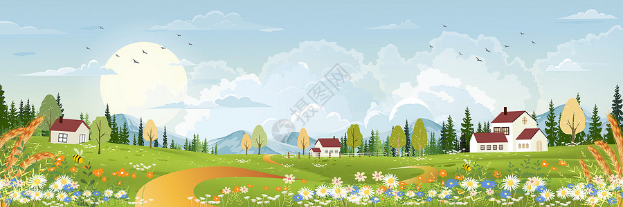 村庄矢量农场季节春英国全景农村春季和平地或夏标语使用野草地的卡通传媒Cartoon矢量用于春季或夏横幅Cartoon屋背景