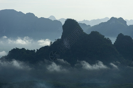 顶峰时间清晨高塔卢春蓬山风景覆盖着迷雾和绿树的山地景观温暖的图片