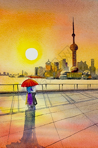 在苏州河和金融区日落时的天际线上由苏州河水彩色绘画商业城市色彩多的景以世界闻名的旅游业插图红色的手插画