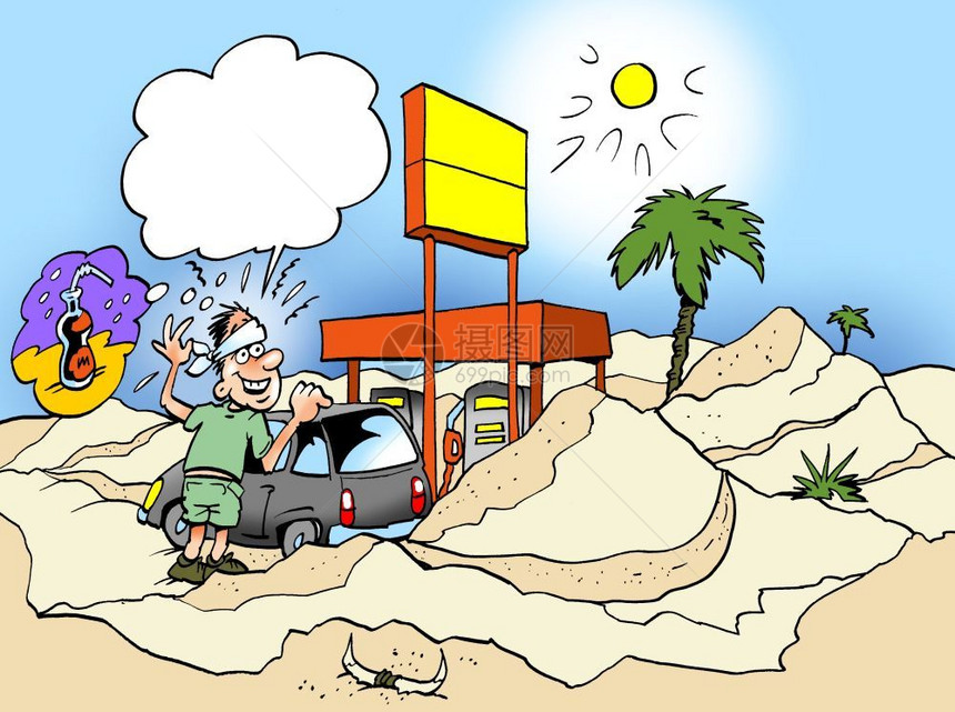 车辆电的经济卡通插画说明一位驾车司机已经走进沙漠只是需要一瓶水图片