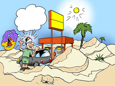 车辆电的经济卡通插画说明一位驾车司机已经走进沙漠只是需要一瓶水图片