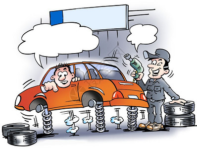 休克吸收器卡通插画说明一名机械工在新轮胎安装前刚测试了车上的休克消化器讽刺的一种驾驶插画