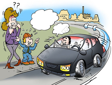一个人和一辆面包车驾驶Cartoon插图一位震惊的母亲和儿子看到一辆没有司机的汽车和一个男人在看报纸交通修理插画