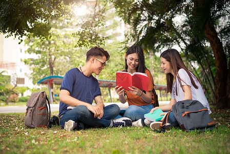 亚洲青年学生一起坐在草地上拿着笔记本讨论图片