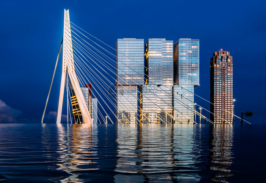 办公楼城市与ErasmusBridge公司和KopVanZuid公司在鹿特丹供水泛滥下的数字操纵气候变化概念荷兰数字操纵气候变化图片