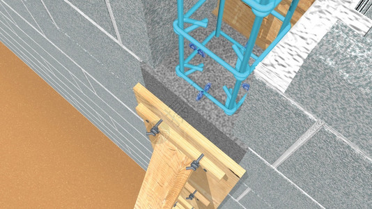 恩弗玛格姆两堵墙之间有木制工的混凝土柱顶部视图您可以看到钢棒3D插图蓝色的一种专栏设计图片