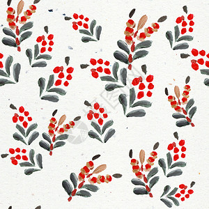 红色复古纹样为了打印手画日本滑雪美丽的冬季植物配有红莓无缝的丝纹样板彩色创意插图用于印刷自然边界纺织物封面壁纸包装笔画日本滑雪美丽的冬季植物背景