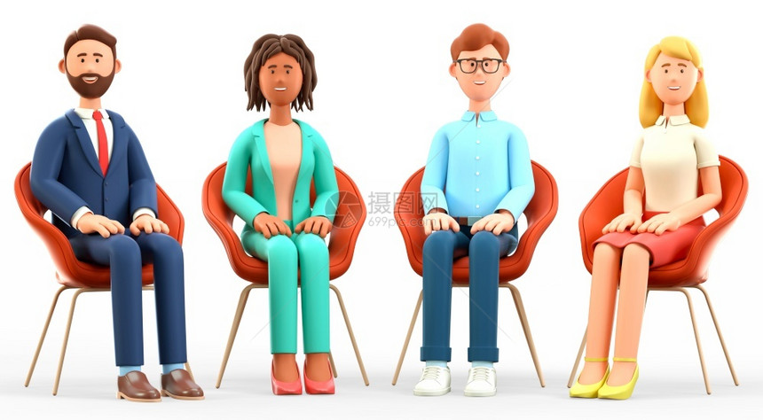 男人同事合作3D商业团队与快乐多元文化人物会面时的3D实例他们跪在双膝上坐主席座位上成功协同工作集体治疗讨论和支持会议续图片