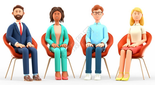 续的男人同事合作3D商业团队与快乐多元文化人物会面时的3D实例他们跪在双膝上坐主席座位上成功协同工作集体治疗讨论和支持会议续插画