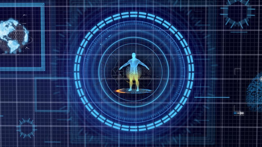 科幻蓝色的现代未来蓝色HUD个人数据屏幕网格显示人类身体和器官整图示的背景以及健康和商业技术概念健康和商业技术概念数字转换3图片