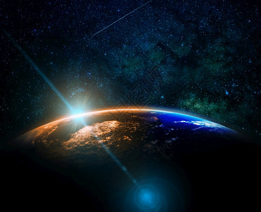 环境的世界在银河背景互联网络概念美国航天局提供的这一图像元素上太阳升起和透光耀斑覆盖地球的一部分行星背景图片