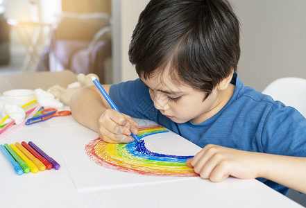 等BUS上学白色的詹克Kid使用白纸上DIY儿童艺术的蓝色笔画彩虹在放学时留家中庭学校教育概念社会媒体预防冠状运动等利用蓝笔画彩虹给孩子看白背景