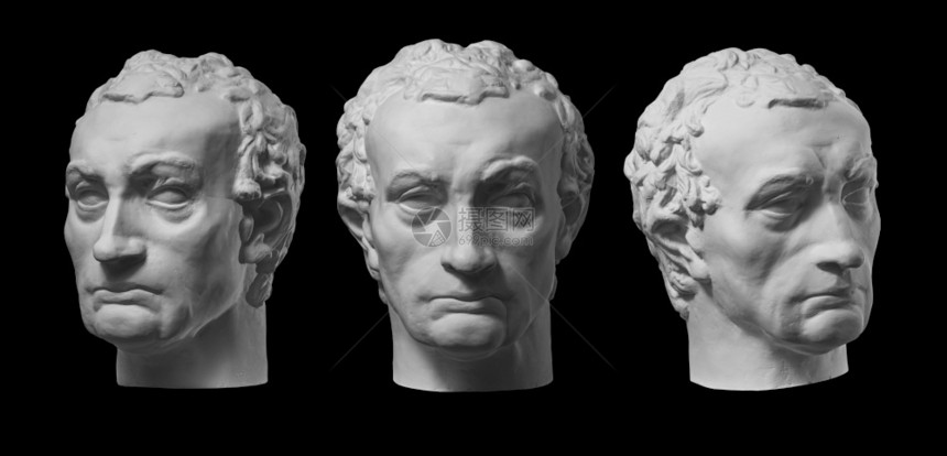 美丽的文明多纳泰罗GattamelataErasmodiNarni古代雕像的三个石膏副本头部雕塑家Donatello为艺术家在黑图片