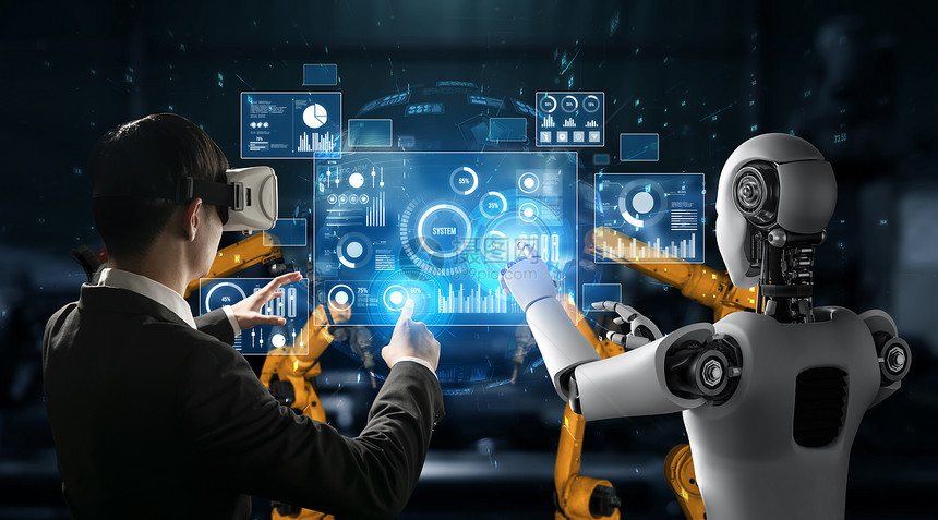 行业转型oopicapi机械化工业器人与类工在未来厂中协同作业革命和自动化制造过程的人工智能概念机械化工业器人和类工在未来厂中协图片