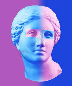 现代概念艺术海报与蓝紫色多彩古代维纳斯雕像头当代艺术拼贴复古波浪风格海报的概念现代艺术海报与蓝紫色多彩古董维纳斯半身像当代艺术拼背景图片