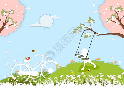 场地春村风景小男孩在沙库拉树下玩摇摆骑着老式自行车在公园玩的Victor纸艺术小孩在阳光灿烂的日子站在自行车上云樱花图片