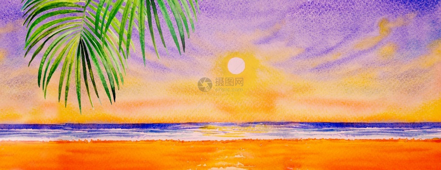 复制在海景绘画纸上制彩色水画日边背景现代艺术绘画包括棕榈叶海滩浪等当代艺术作为背景卡片海洋图片