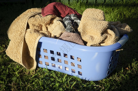 满毛巾的蓝洗衣篮坐在外面的草坪上填充母亲蓬松的图片
