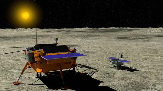 玉兔出月欢人们乳白色月球探险车YUTU2号滚过月球表面用长阳4号月圆探测器和3D背景太阳图示宇宙背景
