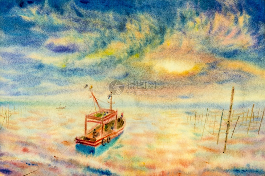 蓝色的航海景水彩原始绘画渔船家族的多彩色阳光中的生活方式和情感阴云底复制图片