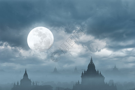 轮廓赫茂克月亮下令人惊异的城堡环光休眠其神秘的夜幕背景是古老佛教寺庙苏拉马尼和缅甸巴根王国ThaBeikHmaukGuHpaya设计图片