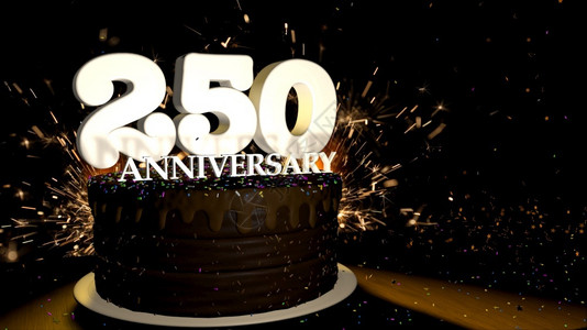 厄瓜多尔白虾焰火快乐的甜250个纪念周年圆桌巧克力蛋糕装饰着蓝色红黄和绿的拖车在木制桌子上标有白色数字而木制桌子上标有白数字背景是人造火和星设计图片