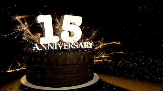 黑色的巧克力圆形的乐趣盘子周年纪念15卡圆形巧克力蛋糕装饰着蓝色红黄绿的糖衣杏仁木桌上有白色数字背景是人造火星和彩色糖衣丸落在桌子上3D插图设计图片