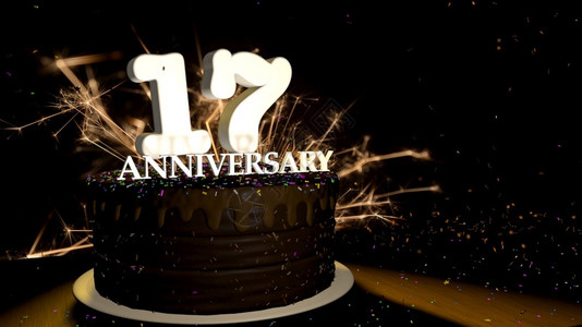 天魔法17周年纪念卡圆形巧克力蛋糕装饰着蓝色红黄绿的糖衣杏仁木桌上有白色数字背景是人造火星和彩色糖衣丸落在桌子上3D插图周年纪念背景图片