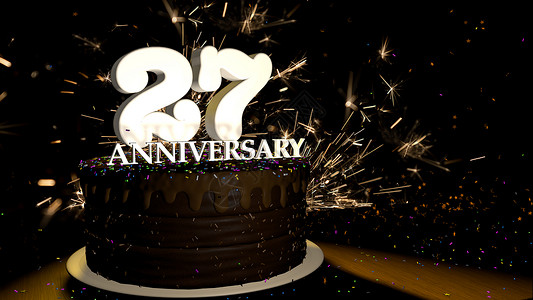 肃纪有色明亮的周年纪念27卡圆形巧克力蛋糕装饰着蓝色红黄绿的糖衣杏仁木桌上有白色数字背景是人造火星和彩色糖衣落在桌子上3D插图周年纪设计图片