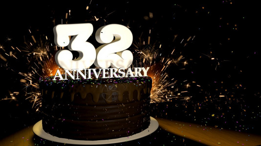 绿色杏仁巧克力的人造周年纪念32卡圆形巧克力蛋糕装饰着红黄绿的糖衣杏仁木桌上有白色数字背景是人造火星和彩色糖衣落在桌子上3D插图周年纪设计图片